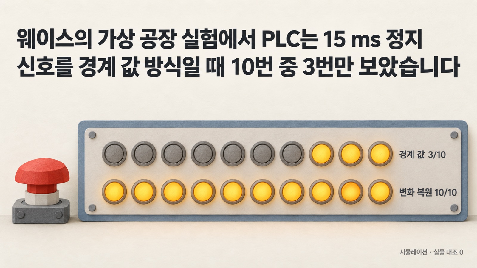 같은 15 ms 정지 신호라도 경계 값 방식에서는 계산 주기의 시작을 덮을 때만 보이고, 변화 복원 방식에서는 신호가 걸친 스캔에서 보입니다