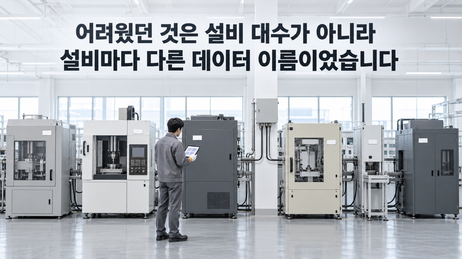 제조사가 서로 다른 설비가 늘어선 실증 라인에서 엔지니어가 태블릿으로 설비 정보를 확인합니다 — 자율형공장 실증에서 어려웠던 것은 설비마다 다른 데이터 이름이었습니다