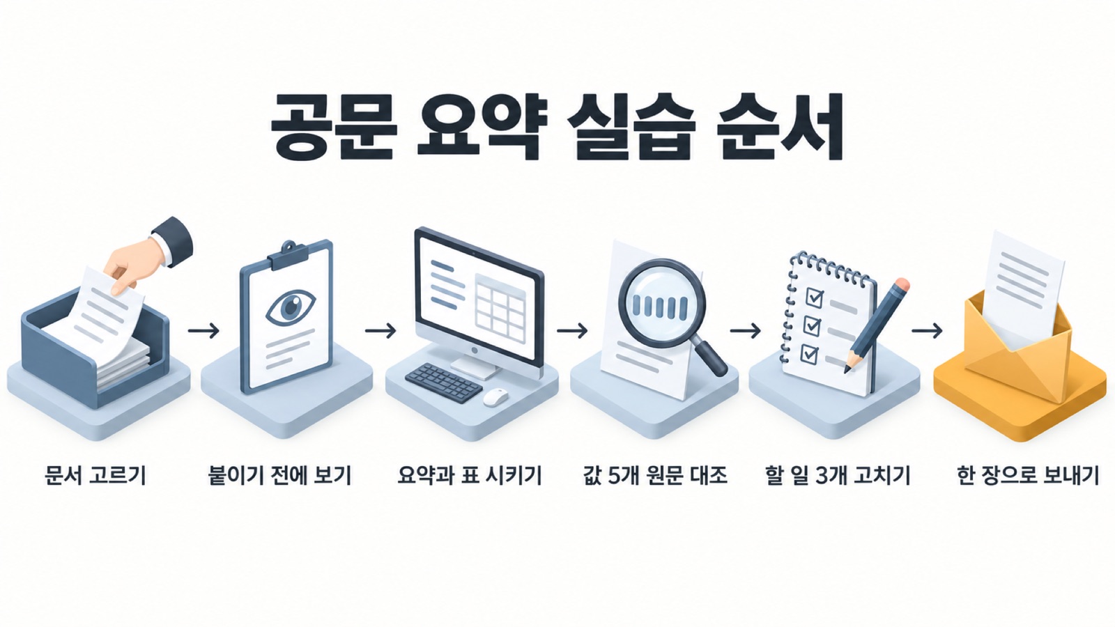 공문 요약 실습 순서 — 문서 고르기, 붙이기 전에 보기, 요약과 표 시키기, 값 5개 원문 대조, 할 일 3개 고치기, 한 장으로 보내기