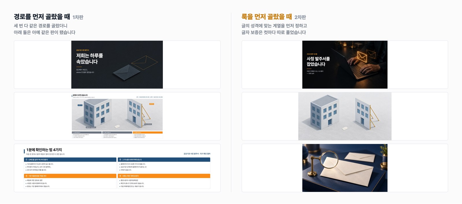 왼쪽이 경로를 먼저 고른 결과, 오른쪽이 룩을 먼저 고른 결과입니다. 왼쪽 아래 둘은 같은 판을 씌운 것입니다