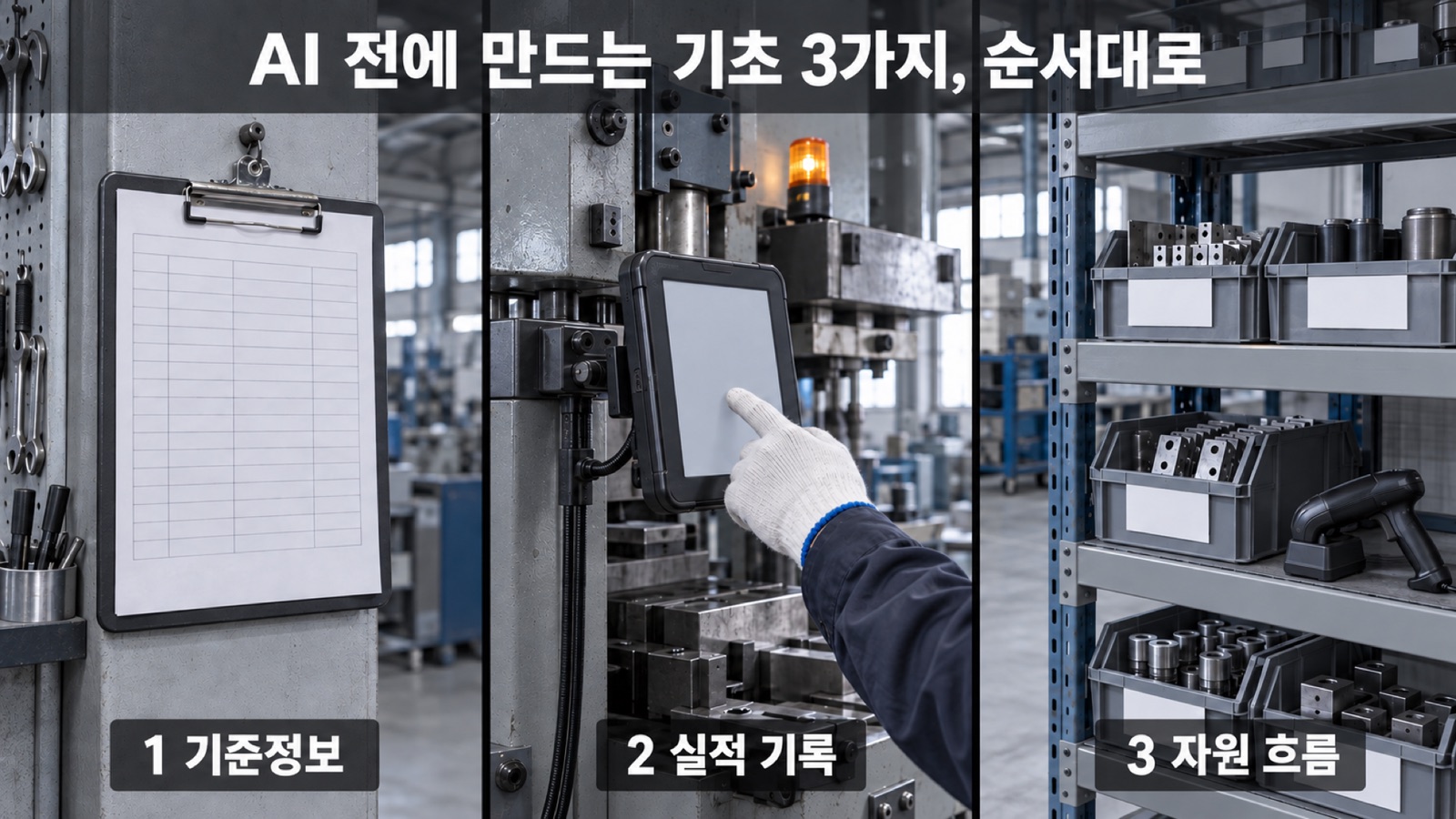 ERP도 없는 제조기업이 AI 전에 만드는 기초 3가지 — 기준정보(코드표), 실적 기록(현장 입력 화면), 자원 흐름(재고 선반)을 1·2·3 순서로 나란히 놓은 사진입니다