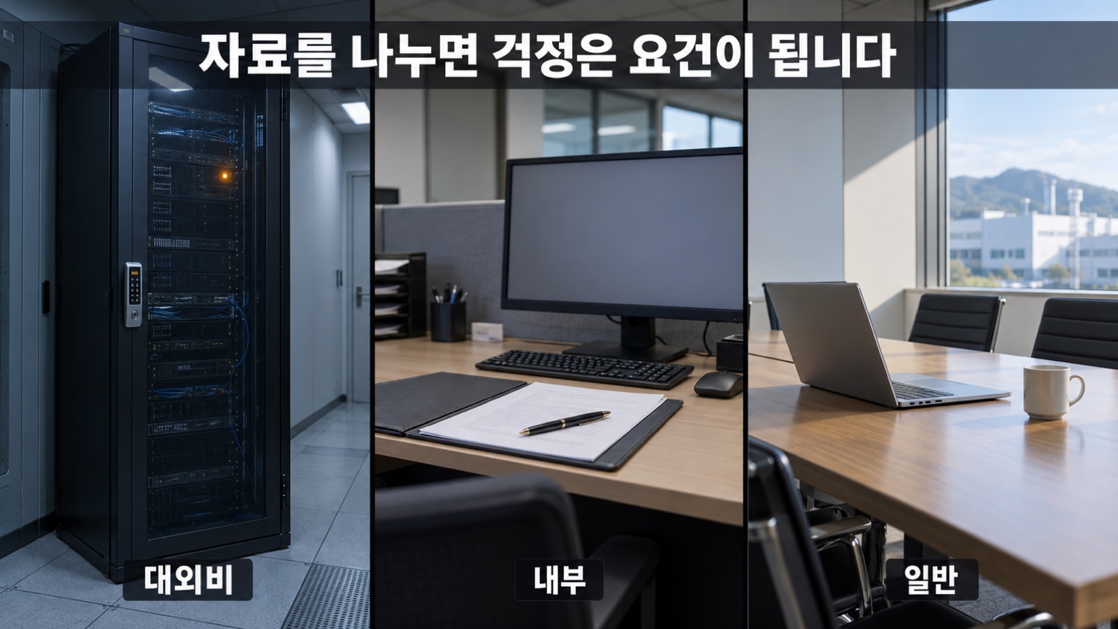 회사 자료를 대외비·내부·일반 3등급으로 나눈 세 장소 — 잠긴 서버실, 사무실 책상, 창밖이 보이는 회의실. 대외비 자료는 회사 안 서버에서만 다룹니다