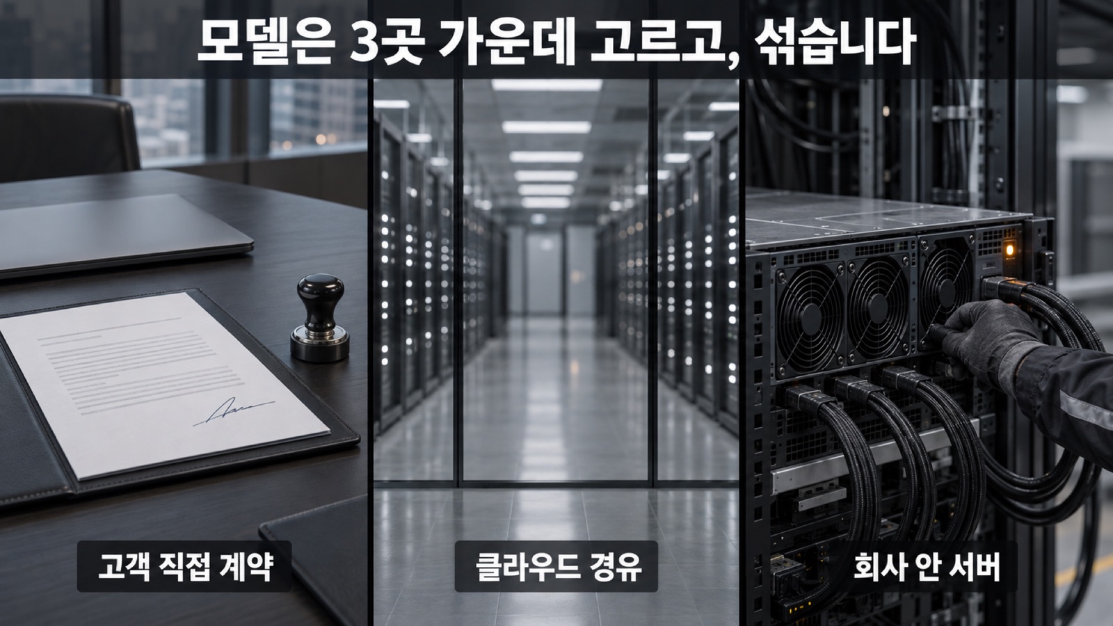 언어 모델을 두는 곳 3가지 — 회사 명의 계약서(고객 직접 계약), 사업자의 데이터센터(클라우드 경유), 회사가 산 서버(회사 안 서버). 셋 가운데 고르고, 자료 등급에 따라 섞습니다