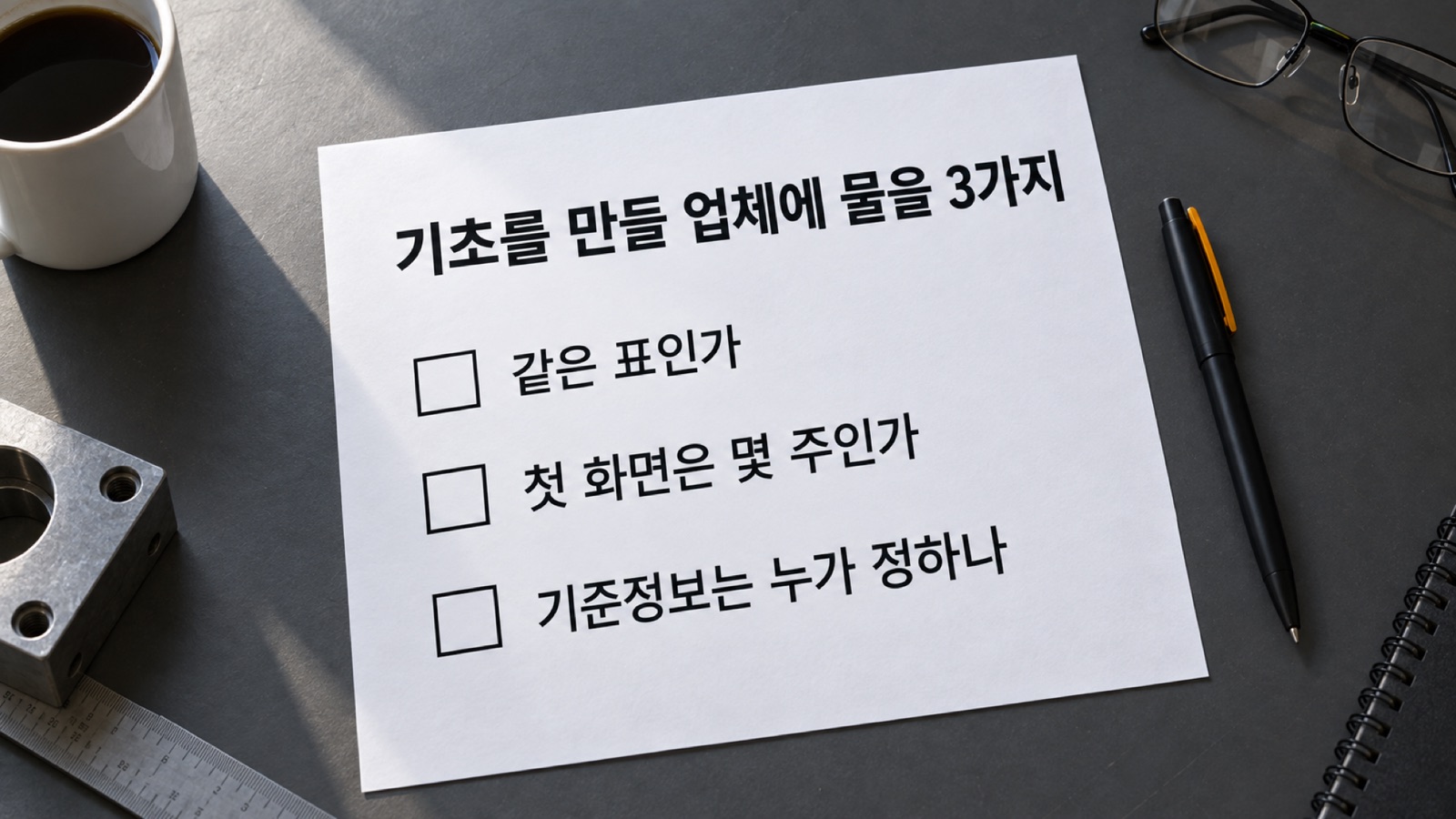 기초를 만들어 줄 업체에 첫 미팅에서 물을 3가지 — 같은 표인가, 첫 화면이 몇 주 안에 나오는가, 기준정보를 누가 정하는가를 적은 점검표입니다