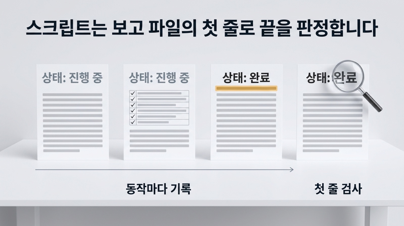 무인 실행 한 회차의 판정 순서 — 시작 즉시 「진행 중」, 동작마다 기록, 끝에 「완료」, 스크립트가 첫 줄을 읽어 판정합니다