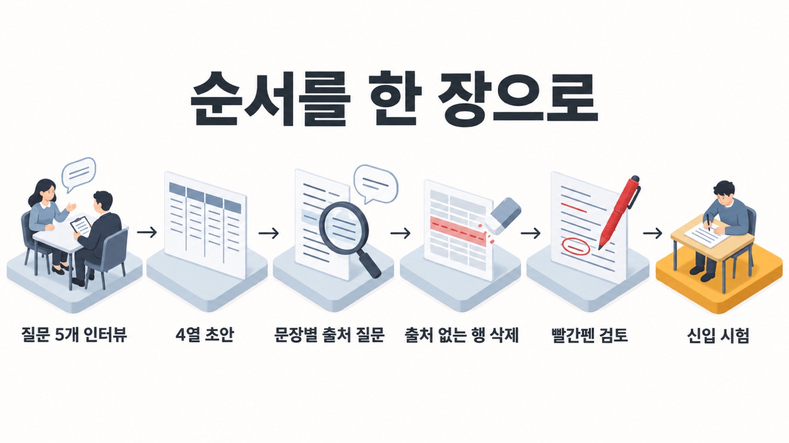 순서를 한 장으로 — 질문 5개 인터뷰, 4열 초안, 문장별 출처 질문, 출처 없는 행 삭제, 빨간펜 검토, 신입 시험