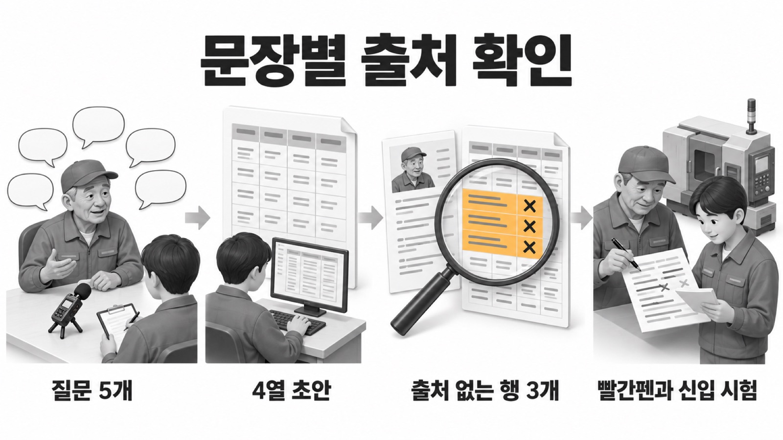 이 글을 한 장으로 요약하면 이렇습니다 — 질문 5개, 4열 초안, 출처 없는 행 3개, 빨간펜과 신입 시험