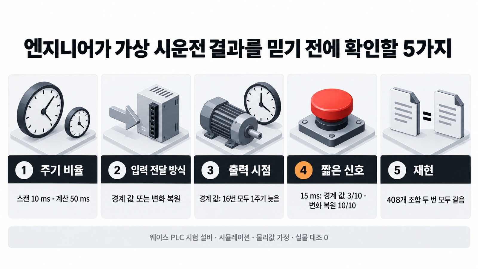 이 글을 한 장으로 요약하면 이렇습니다 — 가상 시운전 결과를 믿기 전에 확인할 5가지