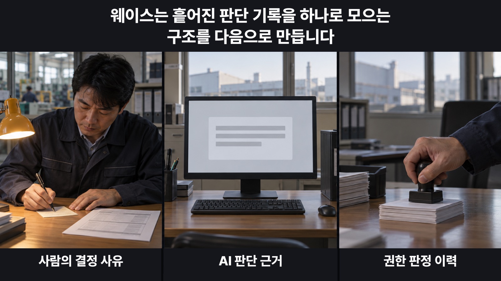 지금은 사람의 결정 사유·AI 판단 근거·권한 판정 이력이 따로 있고, 웨이스는 이것을 하나의 결정 기록으로 모으는 구조를 다음으로 만듭니다