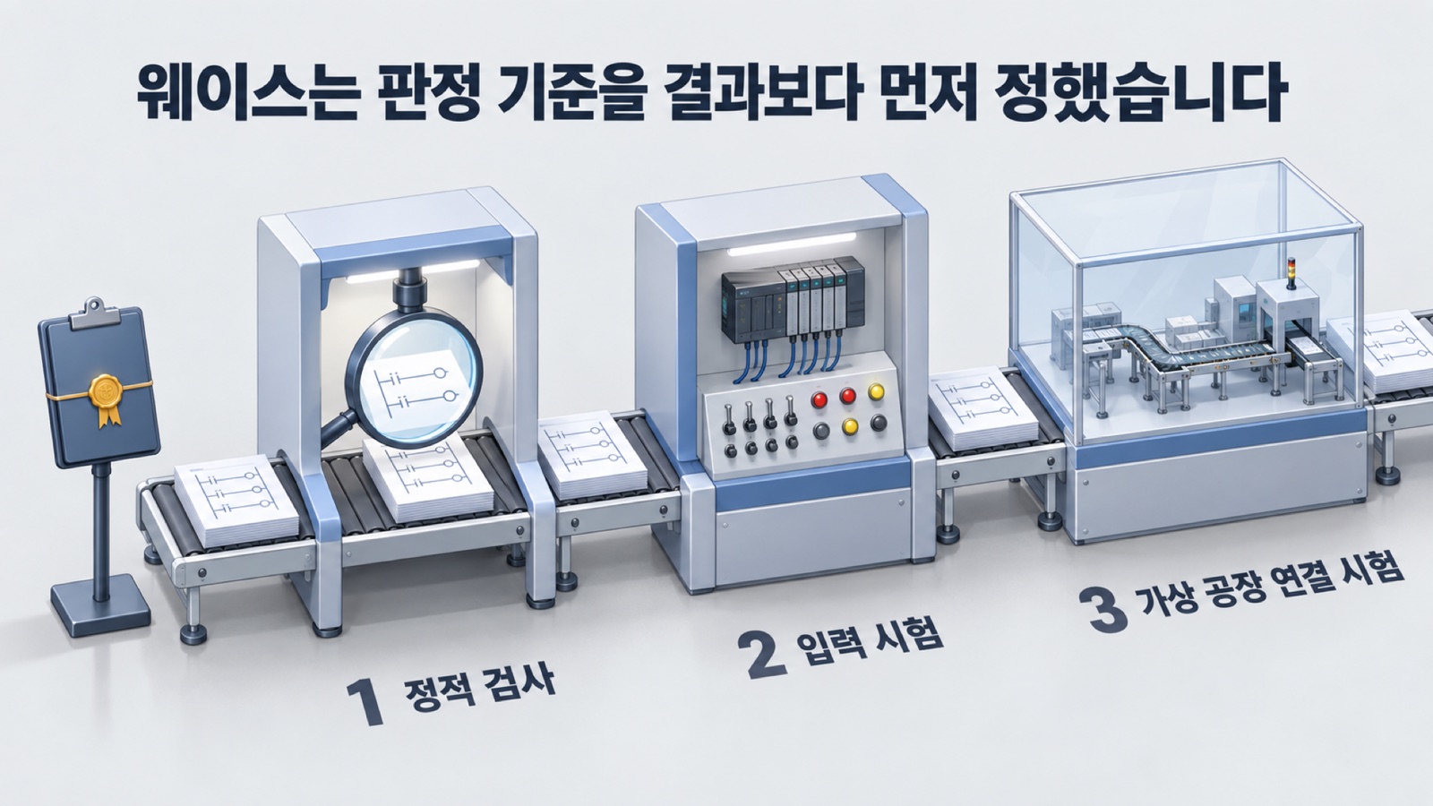 래더 하나가 정적 검사, 입력 시험, 가상 공장 연결 시험을 차례로 거치는 3단계 판정 흐름