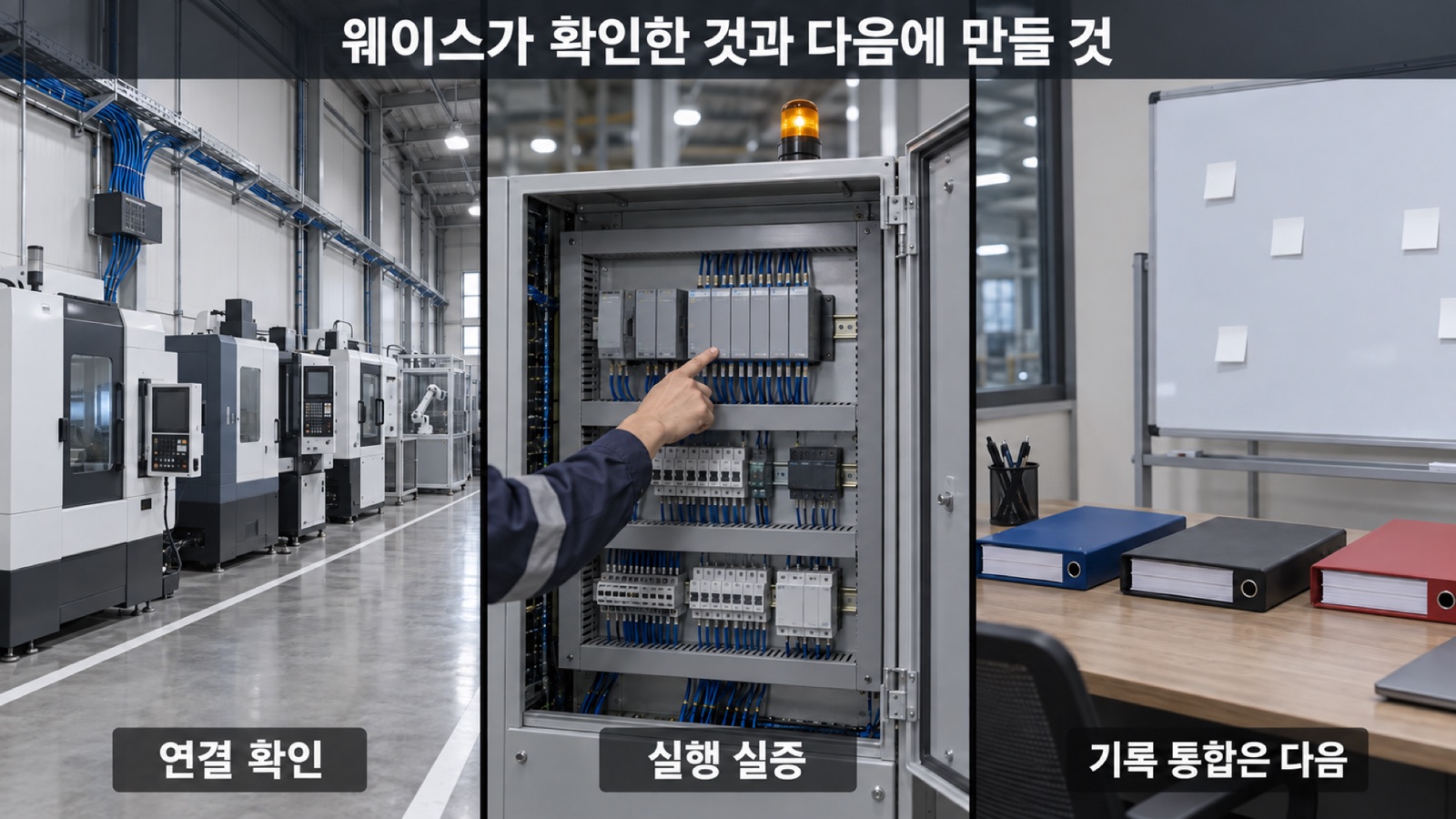 지금 웨이스가 확인한 것과 앞으로 만들 것 — 설비 동기화와 PLC 직접 제어는 확인했고, 판단 기록의 통합과 공개 규격이 다음 순서입니다