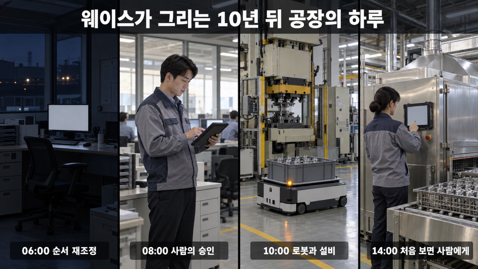웨이스가 그리는 10년 뒤 중소 부품 공장의 하루 — 새벽의 순서 재조정, 사람의 승인, 로봇과 설비의 실행, 처음 보는 상황에서의 질문이 한 흐름으로 연결됩니다