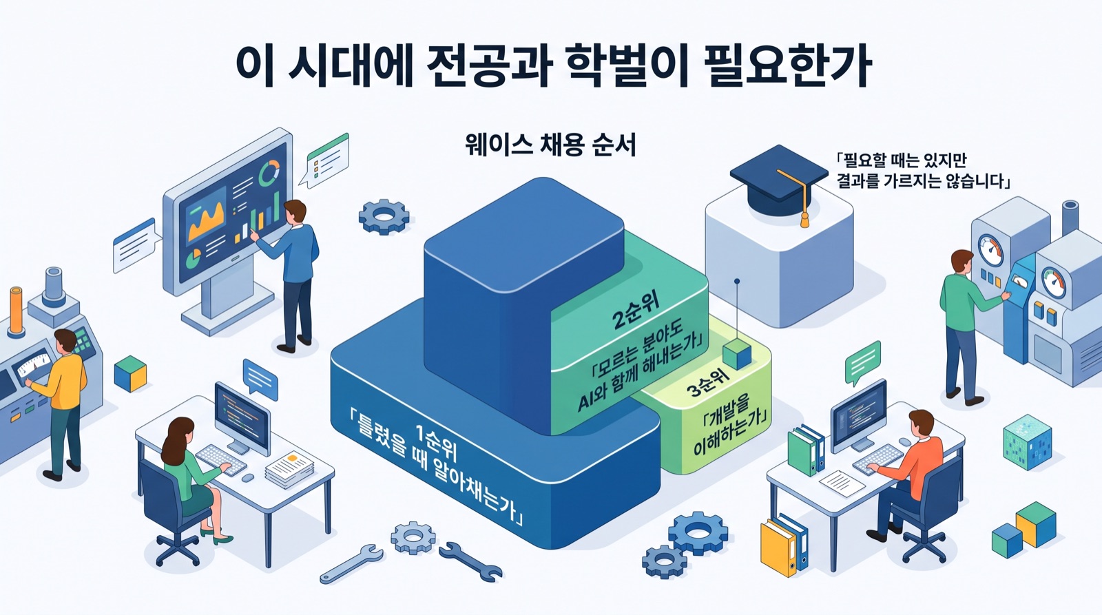 이 글을 한 장으로 요약하면 이렇습니다 — 이 시대에 웨이스는 전공과 학벌보다 틀렸을 때 알아채는가를 먼저 봅니다