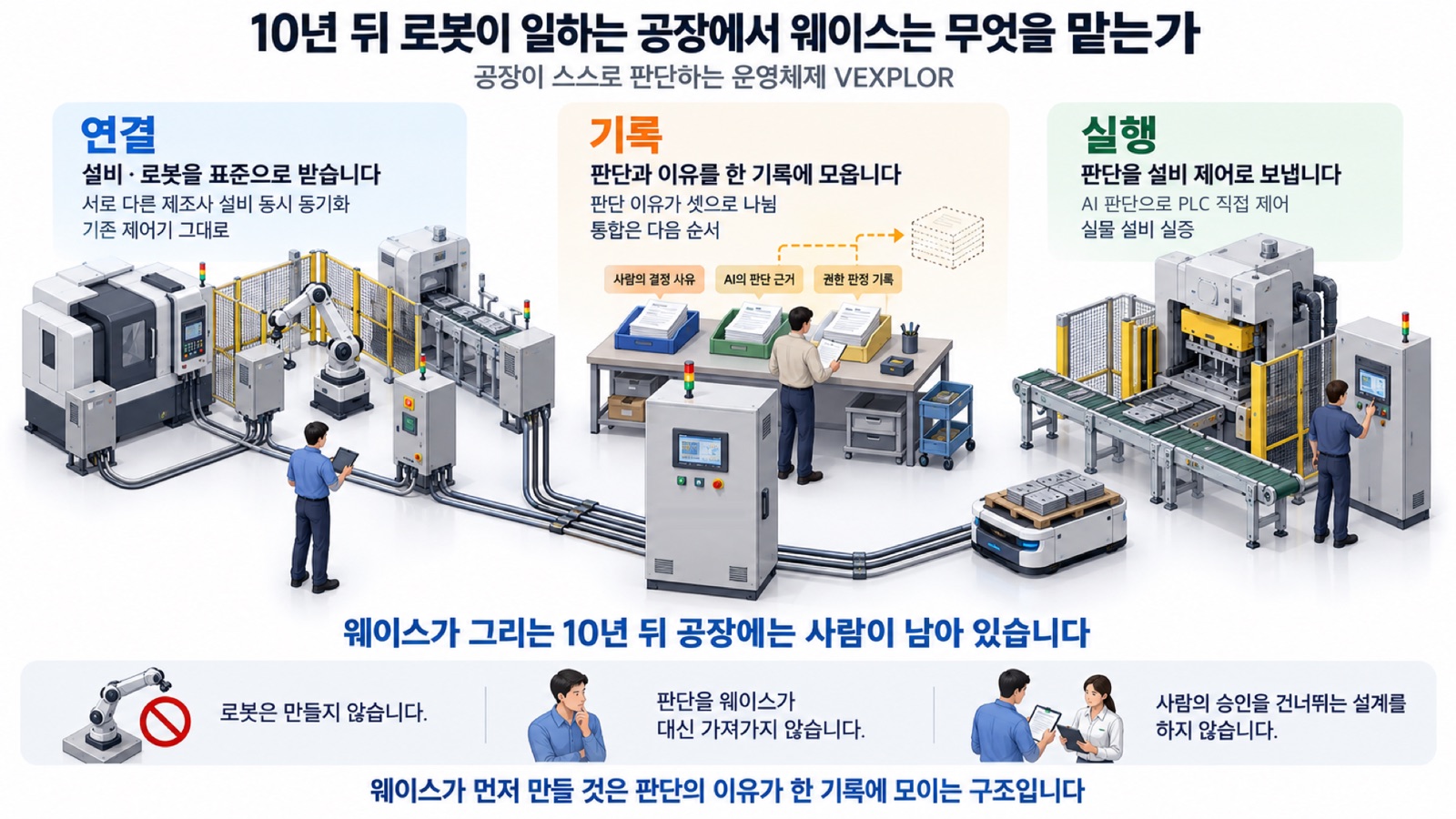 이 글을 한 장으로 요약하면 이렇습니다 — 10년 뒤 공장에서 웨이스는 로봇을 만들지 않고, 연결·기록·실행으로 공장이 스스로 판단하도록 합니다