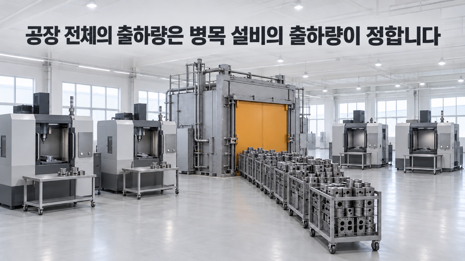밝은 가공동에서 열처리로 한 대 앞에만 부품을 실은 대차가 길게 줄지어 있고, 오른쪽 설비 두 대의 투입대는 비어 있다 — 공장 전체의 출하량은 병목 설비의 출하량이 정합니다