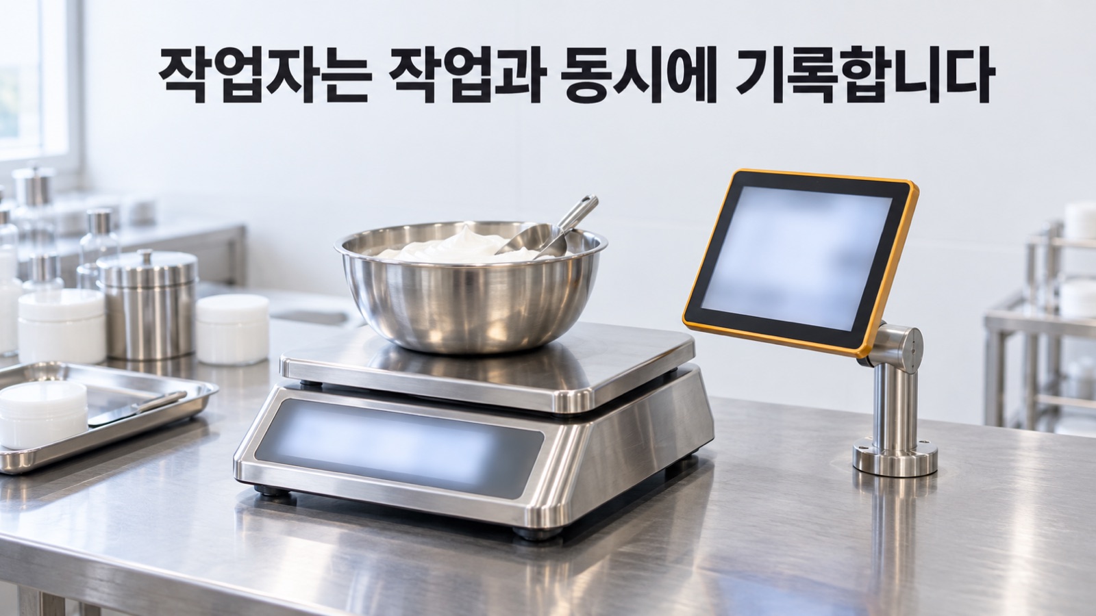 칭량실 저울 바로 옆에 단말이 붙어 있어 잰 값을 그 자리에서 입력하게 한 작업대 — 작업자는 작업과 동시에 기록합니다