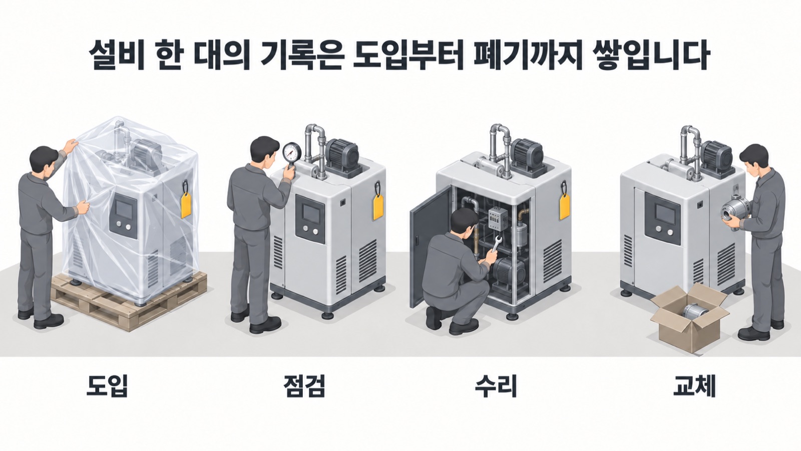같은 설비 한 대가 도입·점검·수리·교체를 차례로 거치는 모습 — 설비 한 대의 기록은 도입부터 폐기까지 쌓입니다