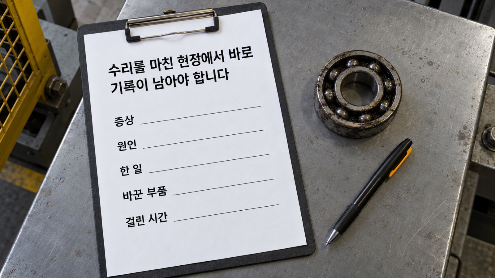 수리를 마친 설비 위에 떼어 낸 베어링과 함께 놓인 보전 기록지 — 증상·원인·한 일·바꾼 부품·걸린 시간 다섯 줄이 인쇄돼 있습니다