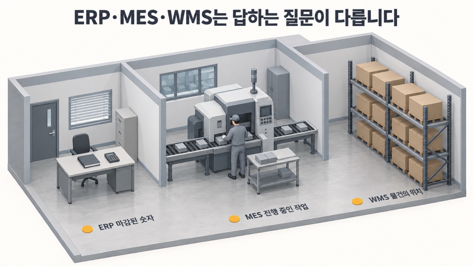 ERP·MES·WMS가 한 공장 안에서 맡는 일을 나눈 모습 — ERP는 마감된 숫자, MES는 진행 중인 작업, WMS는 물건의 위치를 봅니다