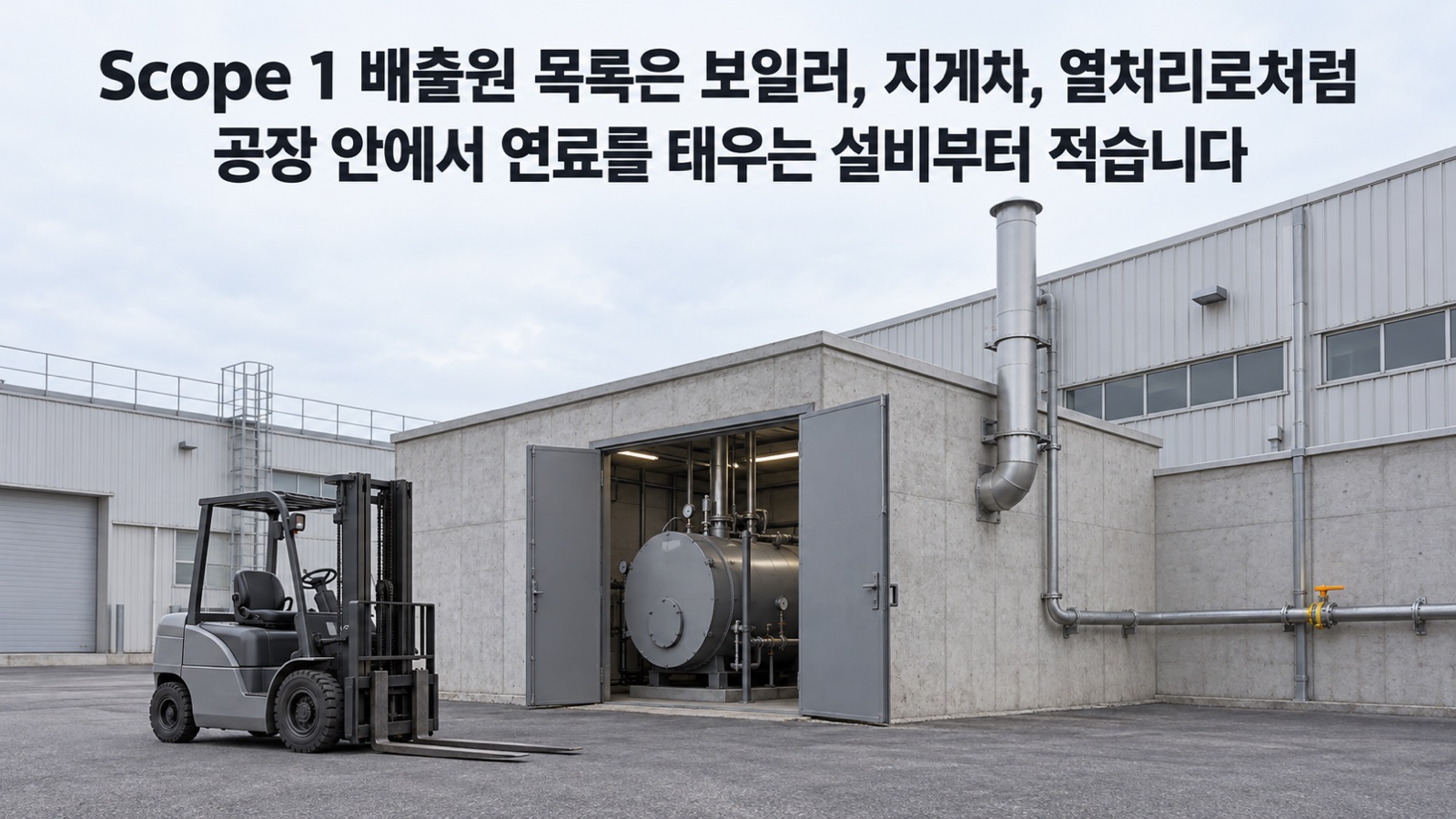 공장 뒤편 보일러실과 그 앞에 세워 둔 지게차 — Scope 1 배출원 목록은 보일러, 지게차, 열처리로처럼 공장 안에서 연료를 태우는 설비부터 적습니다