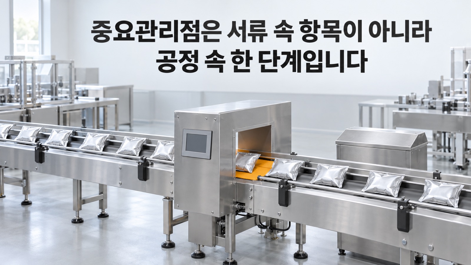 포장 라인에서 봉지가 금속검출기를 지나는 컨베이어 구간만 앰버로 표시된 장면 — 중요관리점은 서류 속 항목이 아니라 공정 속 한 단계입니다