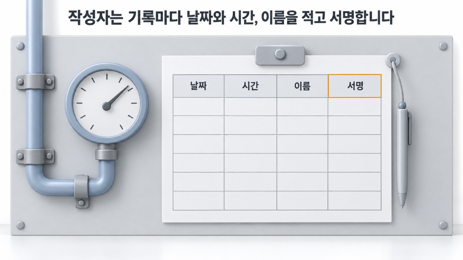 배관 계기 옆 벽에 붙은 일지 한 장에 날짜·시간·이름·서명 칸 머리글만 있고 서명 칸 테두리만 앰버로 표시된 장면 — 작성자는 기록마다 날짜와 시간, 이름을 적고 서명합니다