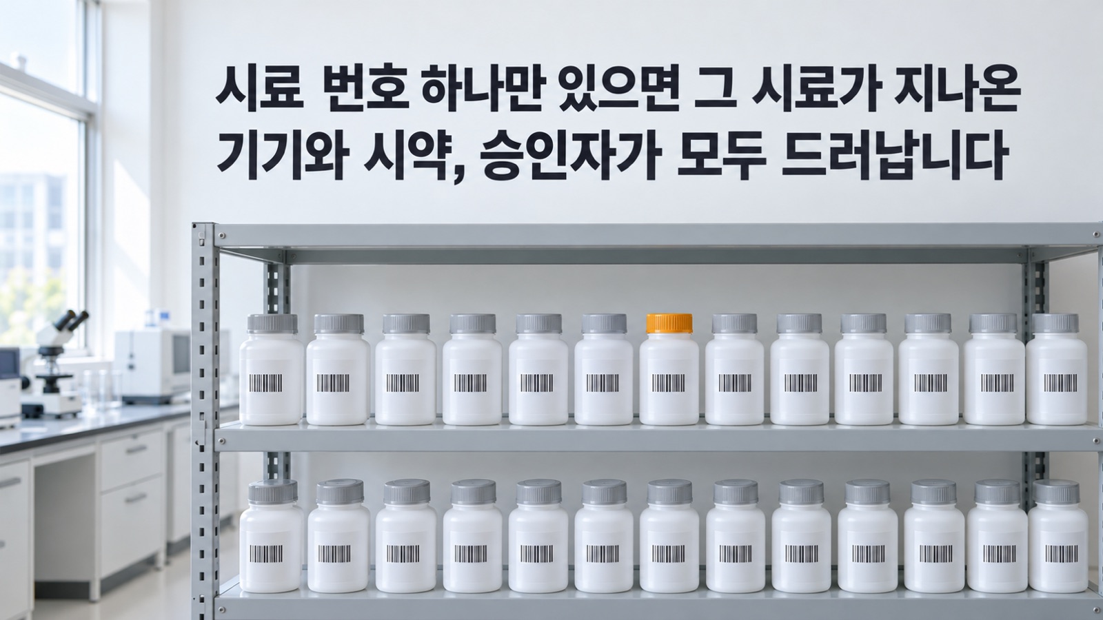 시험실 보관 선반에 두 줄로 놓인 바코드 라벨 시료 병들 — 시료 번호 하나만 있으면 그 시료가 지나온 기기와 시약, 승인자가 모두 드러납니다