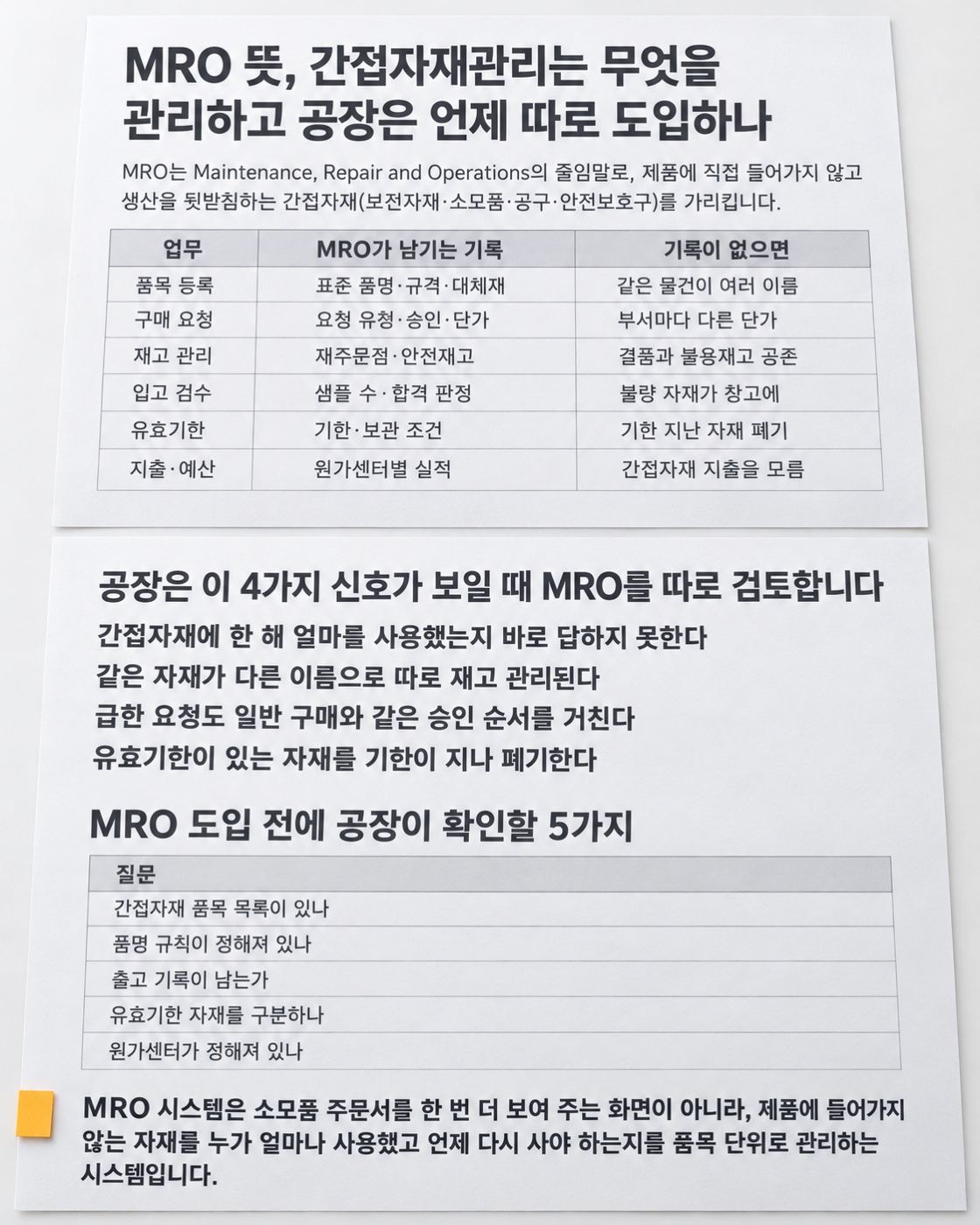 이 글을 한 장으로 요약하면 이렇습니다 — MRO를 따로 검토할 신호 4가지와 도입 전에 확인할 5가지