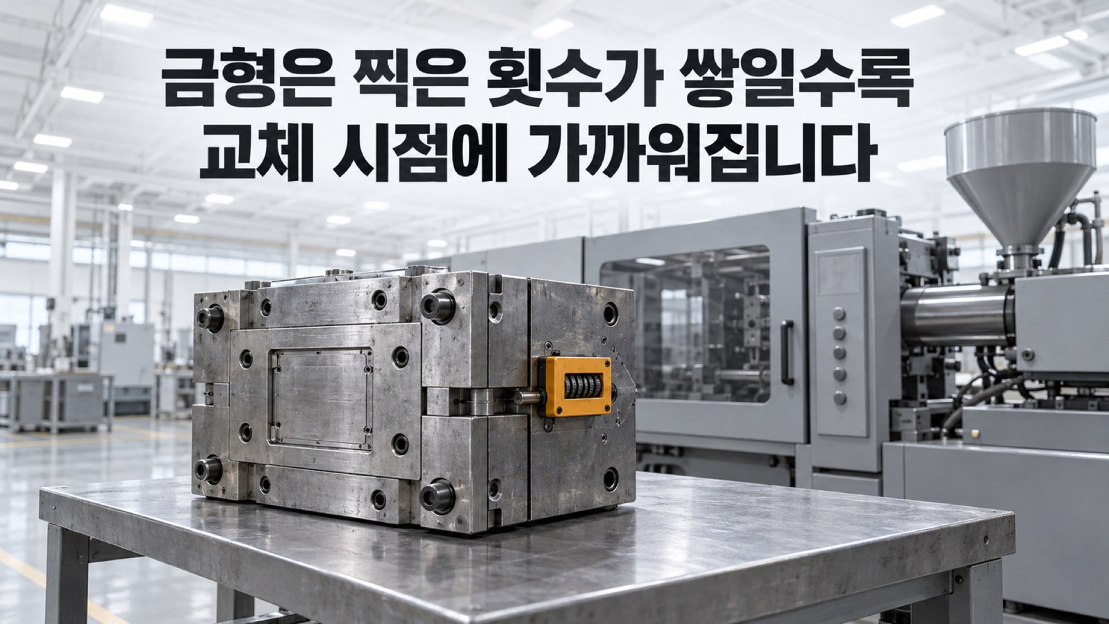 사출성형기 옆 작업대에 놓인 금형과 금형에 달린 타수 카운터 — 금형은 찍은 횟수가 쌓일수록 교체 시점에 가까워집니다