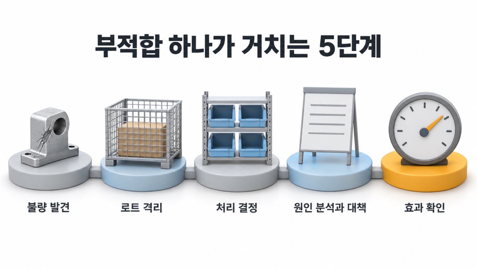 부적합 하나가 거치는 5단계 — 불량 발견에서 효과 확인까지 가야 한 건이 종결됩니다