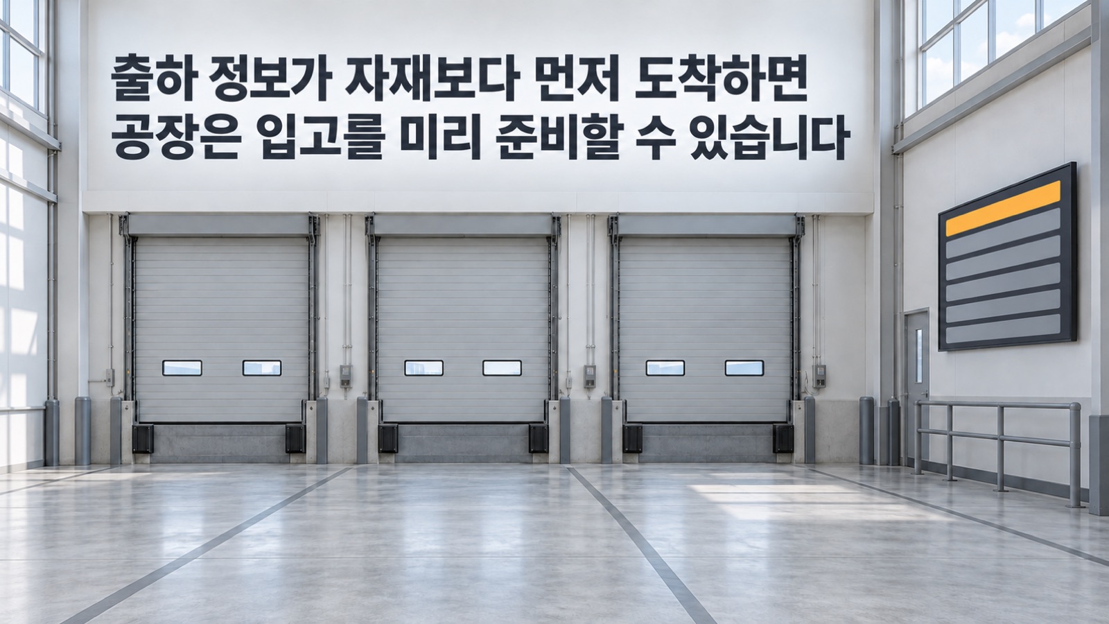 자재가 도착하기 전 비어 있는 하역장 벽 화면에 도착 예정 목록이 떠 있는 모습 — 출하 정보가 자재보다 먼저 도착하면 공장은 입고를 미리 준비할 수 있습니다