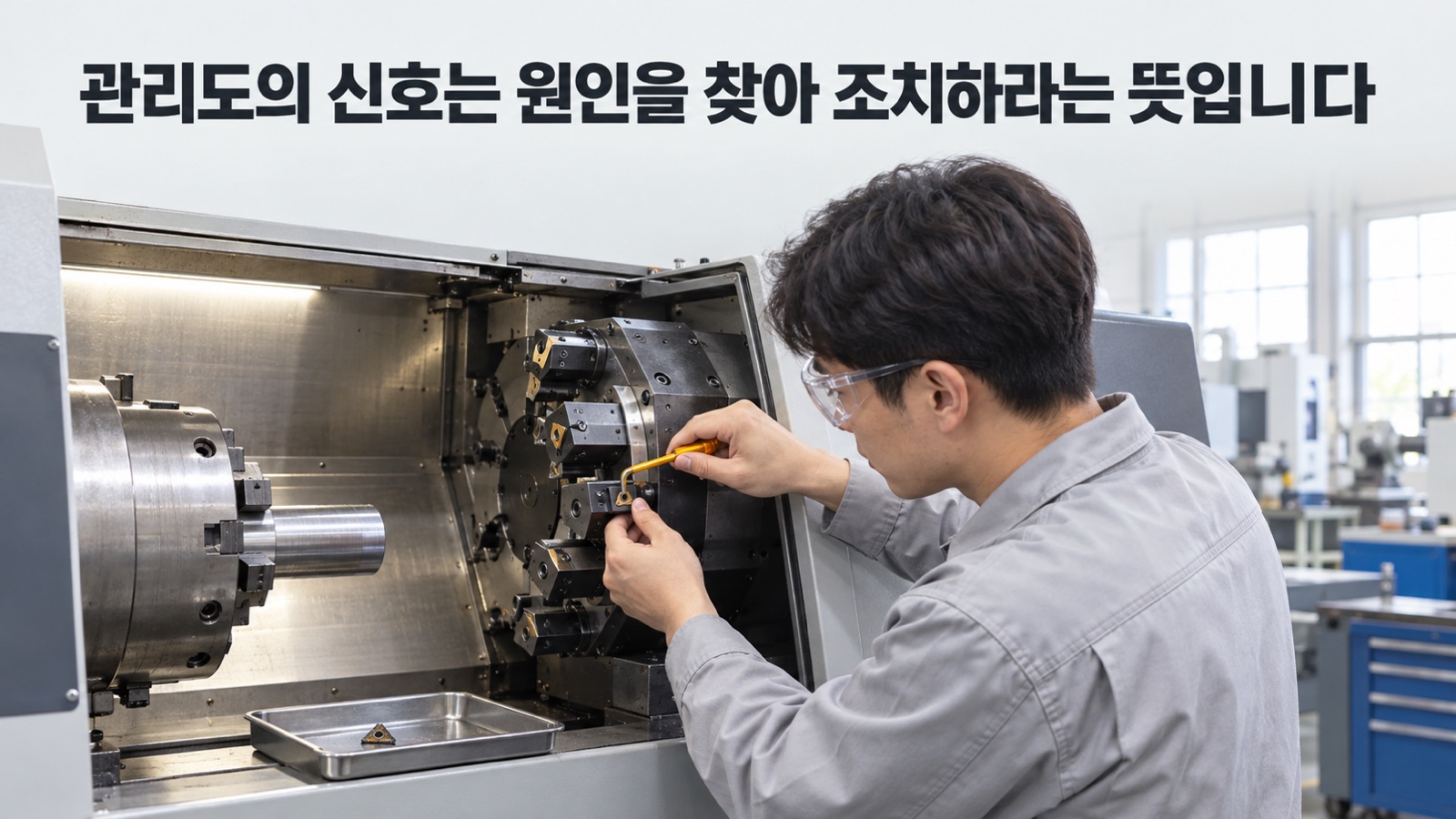 작업자가 선반의 절삭 공구를 새것으로 교체하는 모습 — 관리도의 신호는 원인을 찾아 조치하라는 뜻입니다