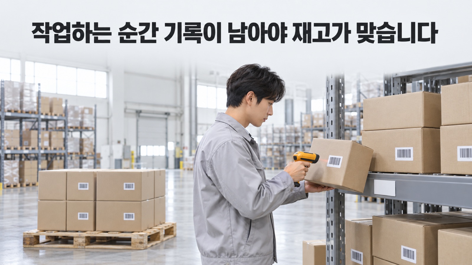 작업자가 선반 앞에서 상자를 손에 든 채 바코드를 스캔하는 모습 — 작업하는 순간 기록이 남아야 재고가 맞습니다