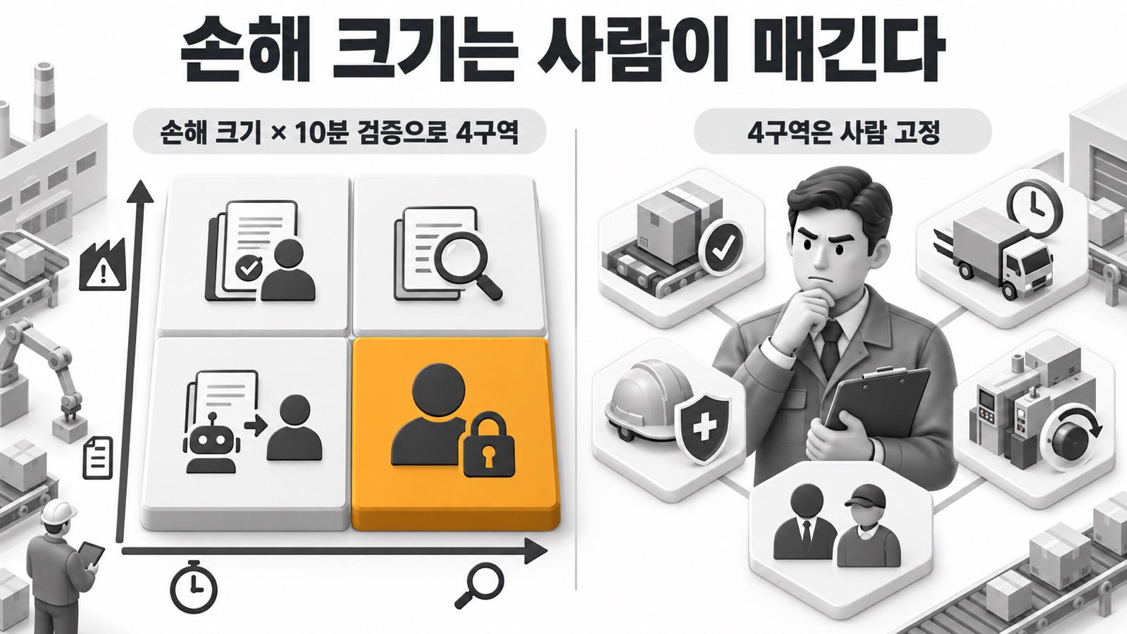이 글을 한 장으로 요약하면 이렇습니다 — 손해 크기 × 10분 검증으로 4구역, 4구역은 사람 고정