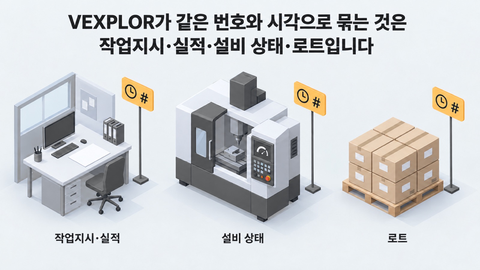 VEXPLOR가 같은 번호와 시각으로 묶는 기록 — 작업지시·실적, 설비 상태, 로트