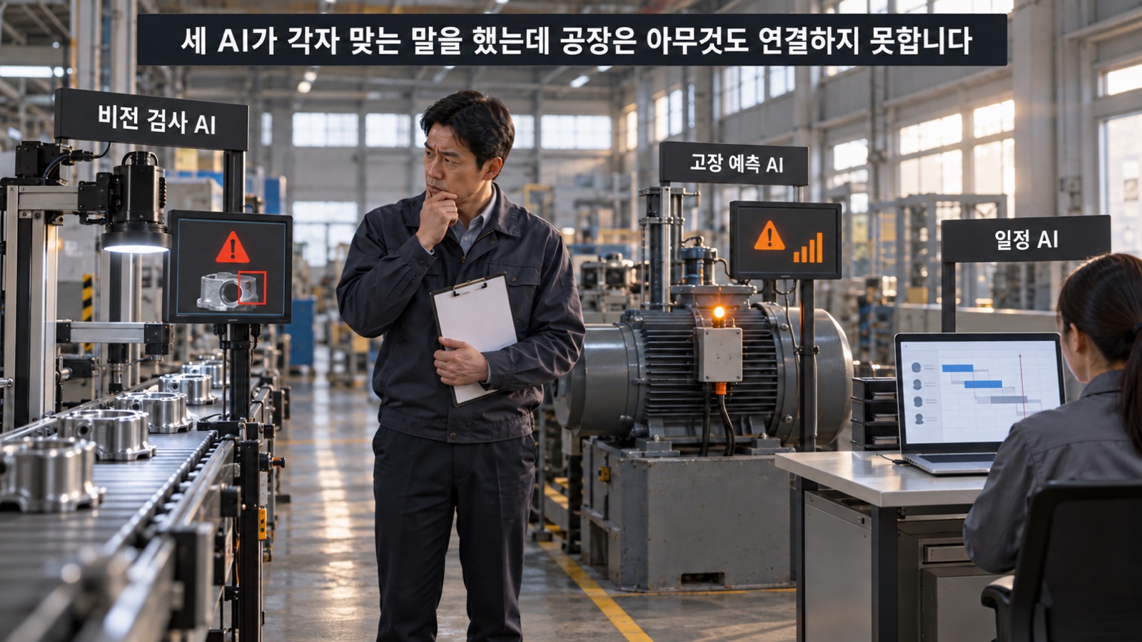한 공장에 들어온 비전 검사 AI·고장 예측 AI·일정 AI가 각자 경보를 내고 관리자가 그 사이에서 맞춰 보는 장면