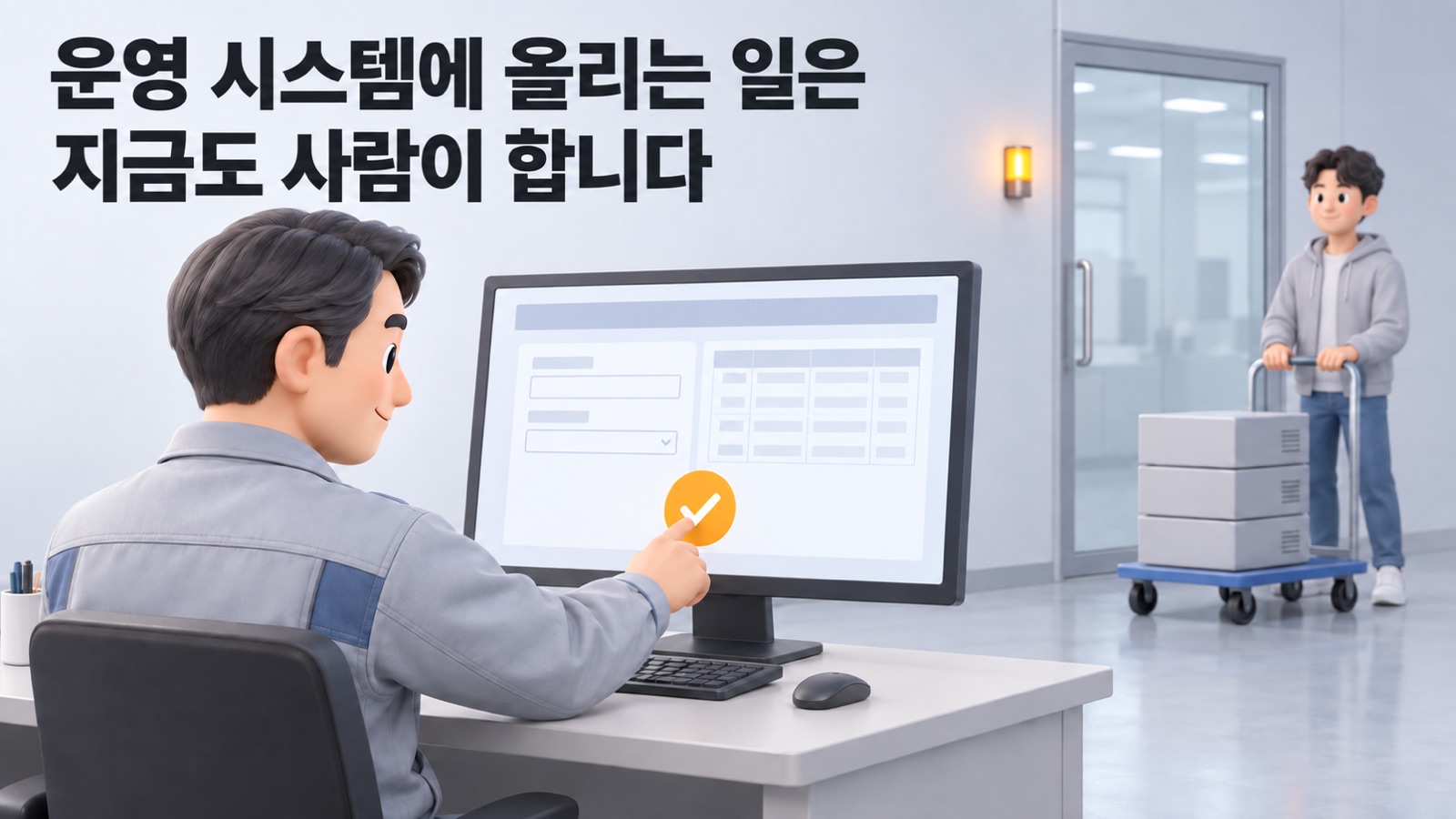 고객 담당자가 고친 기능을 확인하고 승인 버튼을 누르는 동안, 담당 개발자는 닫힌 문 옆에서 그 승인을 기다립니다
