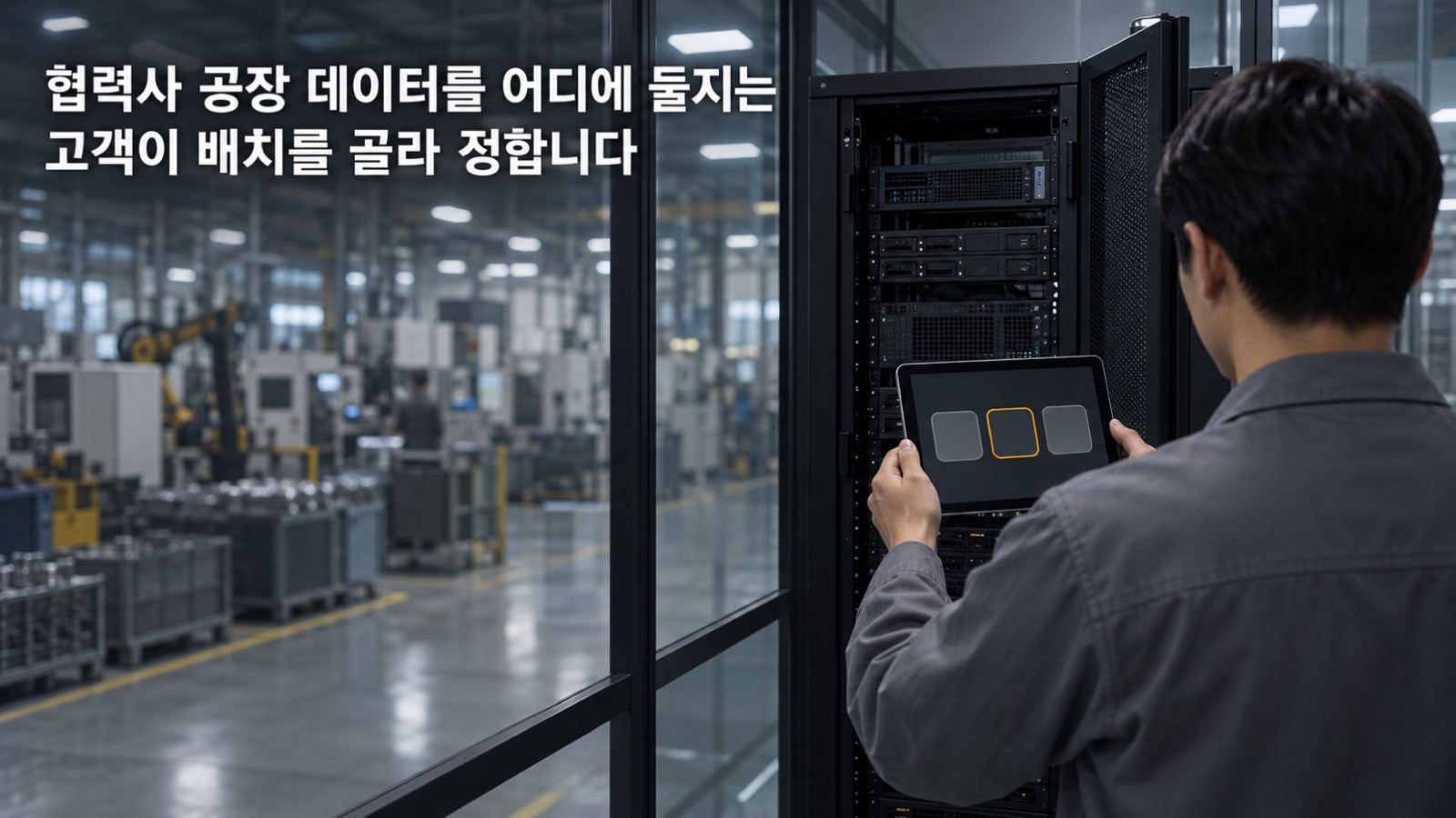 협력사 공장 서버실 앞에서 데이터를 둘 배치를 세 가지 선택지 가운데 고르는 장면
