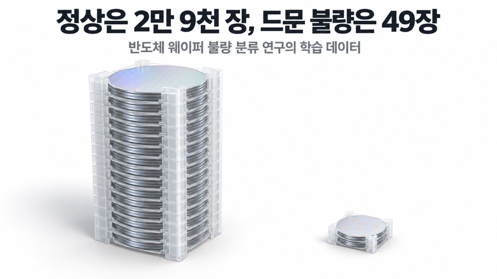 반도체 웨이퍼 불량 분류 연구의 학습 데이터에서 정상 웨이퍼는 2만 9천 장이 넘었고, 가장 드문 불량은 49장뿐이었습니다