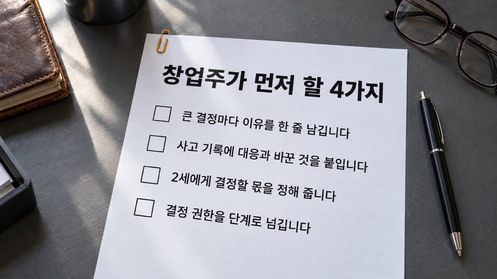 창업주의 판단을 꺼내 적고 권한을 단계로 넘기면 넘겨받는 사람이 회사를 볼 수 있습니다